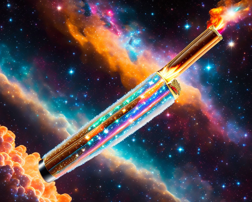 Sparkling magic wand with stars and flame on cosmic background.