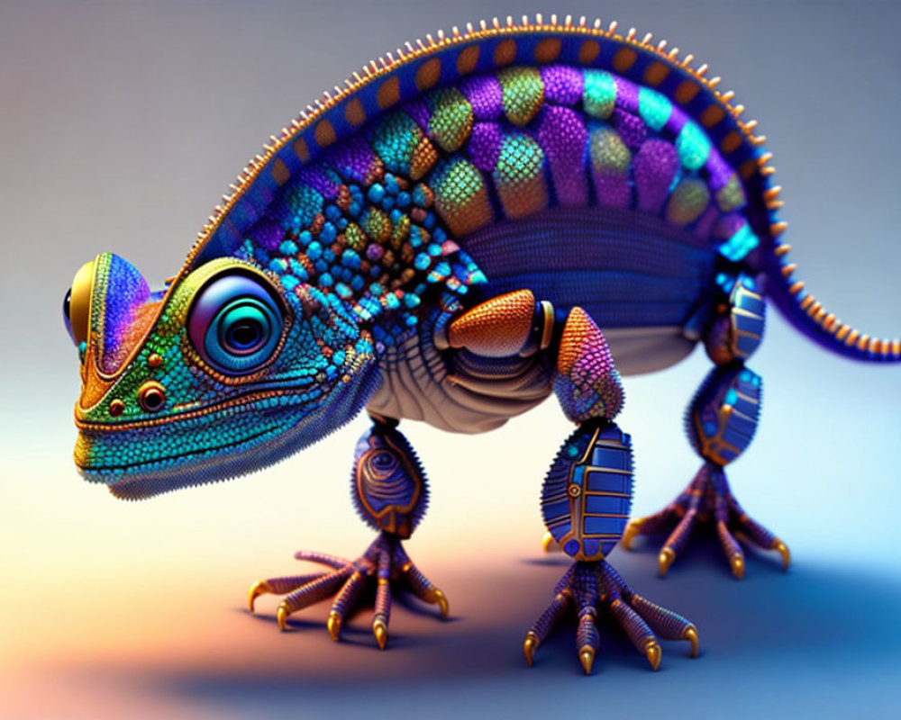 Vibrant mechanical chameleon with intricate patterns and robotic limbs on gradient backdrop