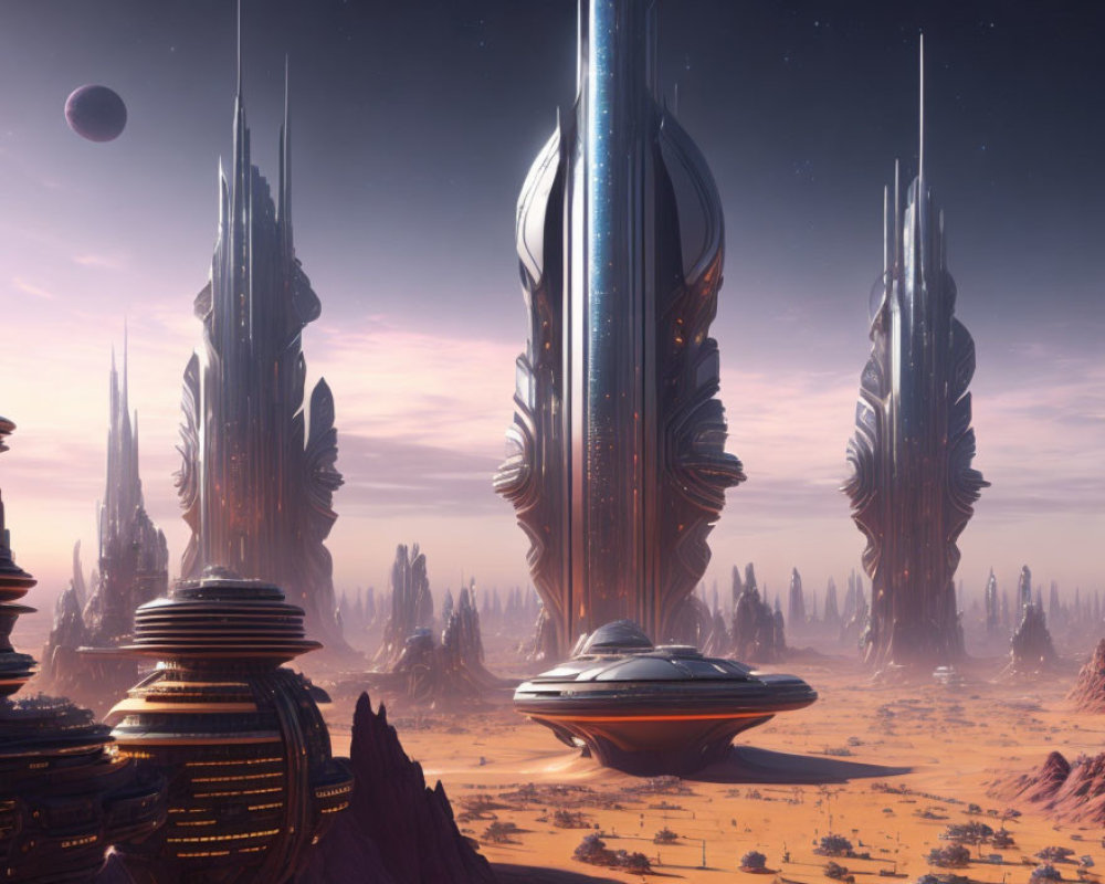 Futuristic alien cityscape with towering spires and flying vehicles.
