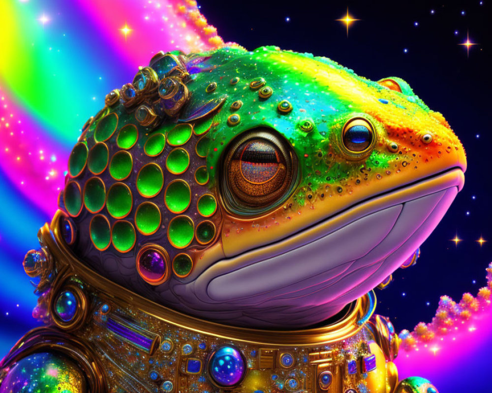 Colorful Gem-Encrusted Frog in Futuristic Space Suit Illustration