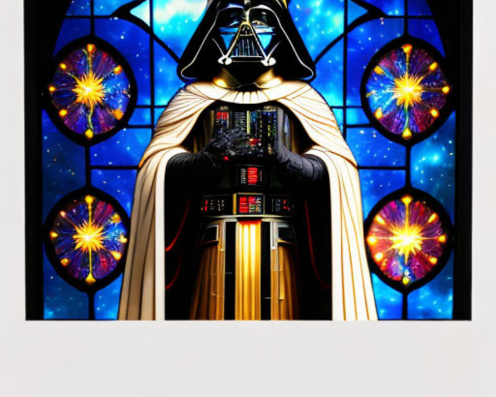 Digital portrait of Darth Vader with stained glass background on modern wall shelf.