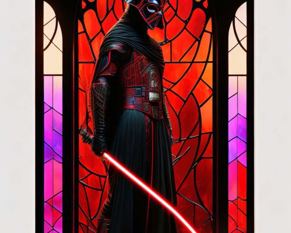 Figure in black costume with mask and cape holding red lightsaber in front of stained-glass window with