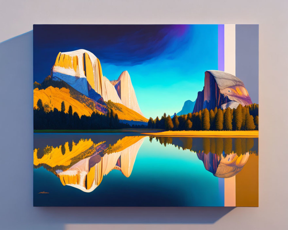 Mountain Landscape Painting with Blue Sky and Reflective Lake on Canvas
