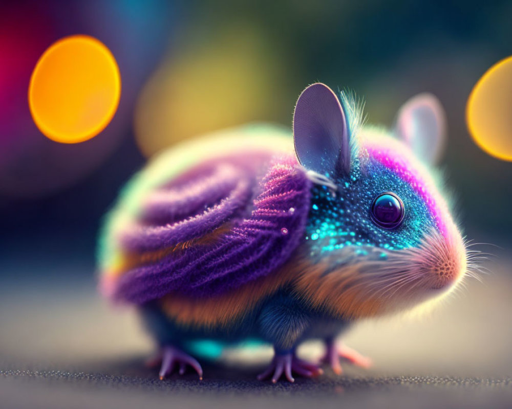 Vibrant purple fur mouse digital artwork on bokeh light background