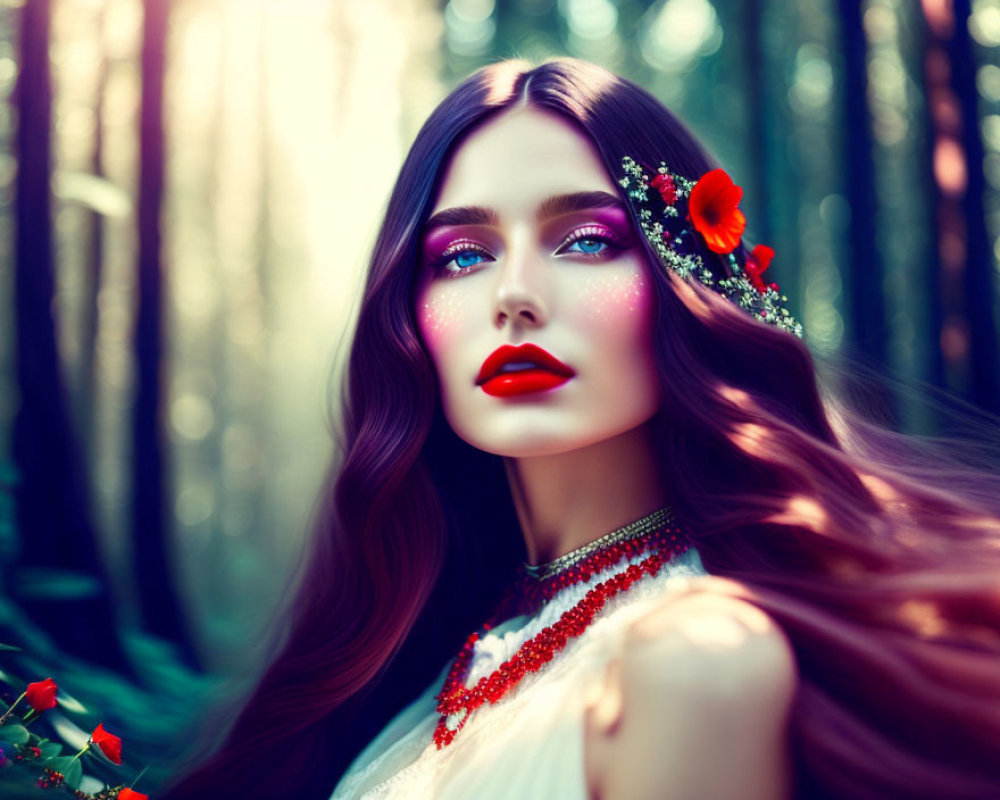 Woman with Long Flowing Hair and Vibrant Makeup in Mystical Forest