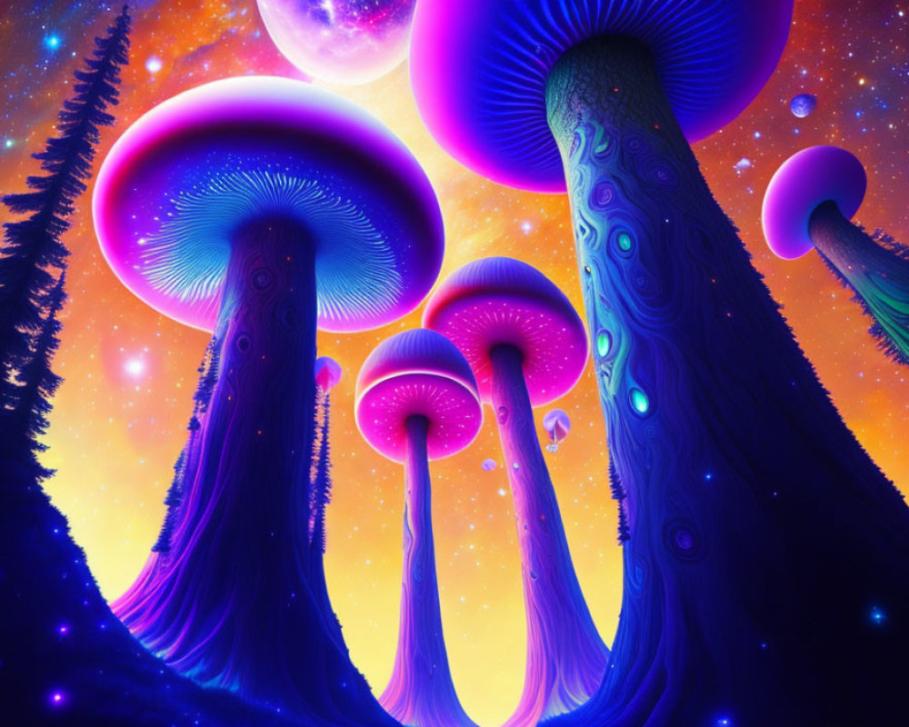 Colorful oversized mushrooms in psychedelic space backdrop