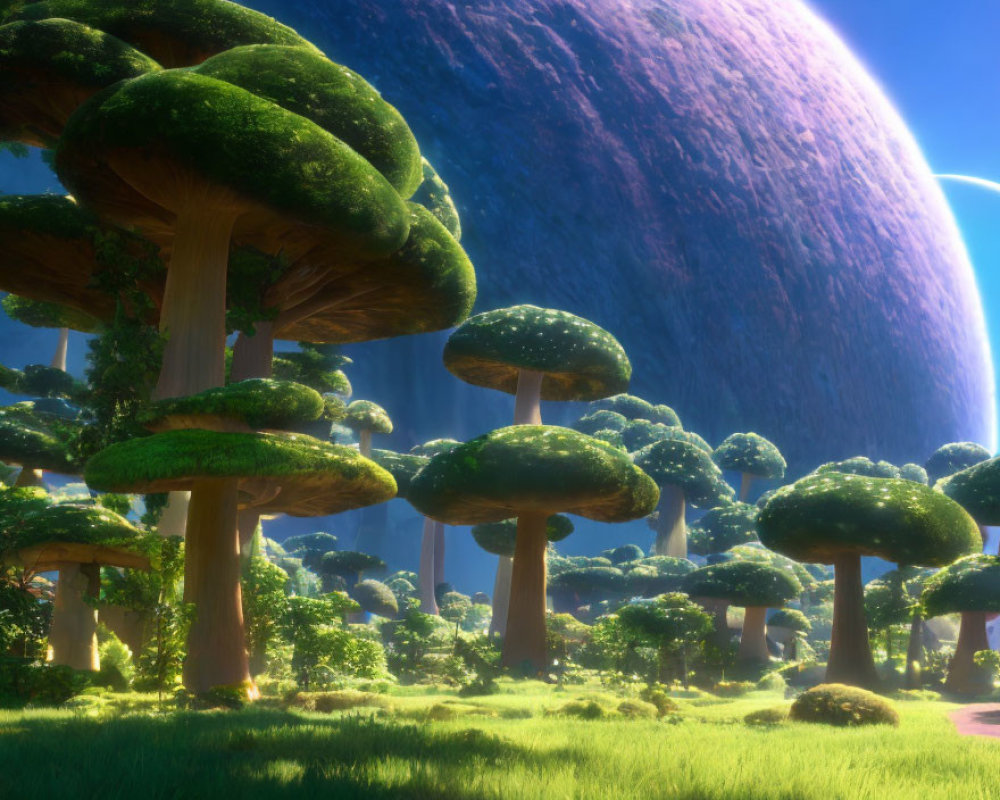 Enormous mushroom-shaped trees in a magical forest with a giant planet in the sky