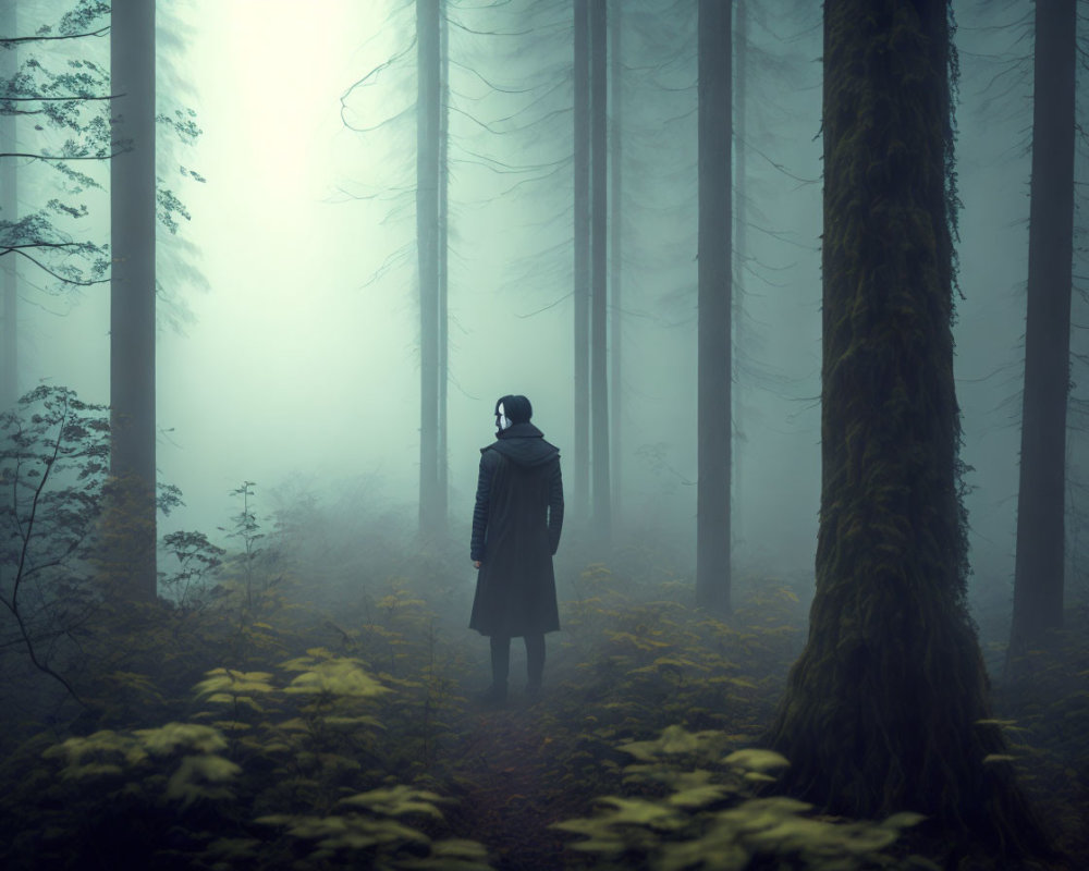 Misty forest scene with solitary figure among towering trees
