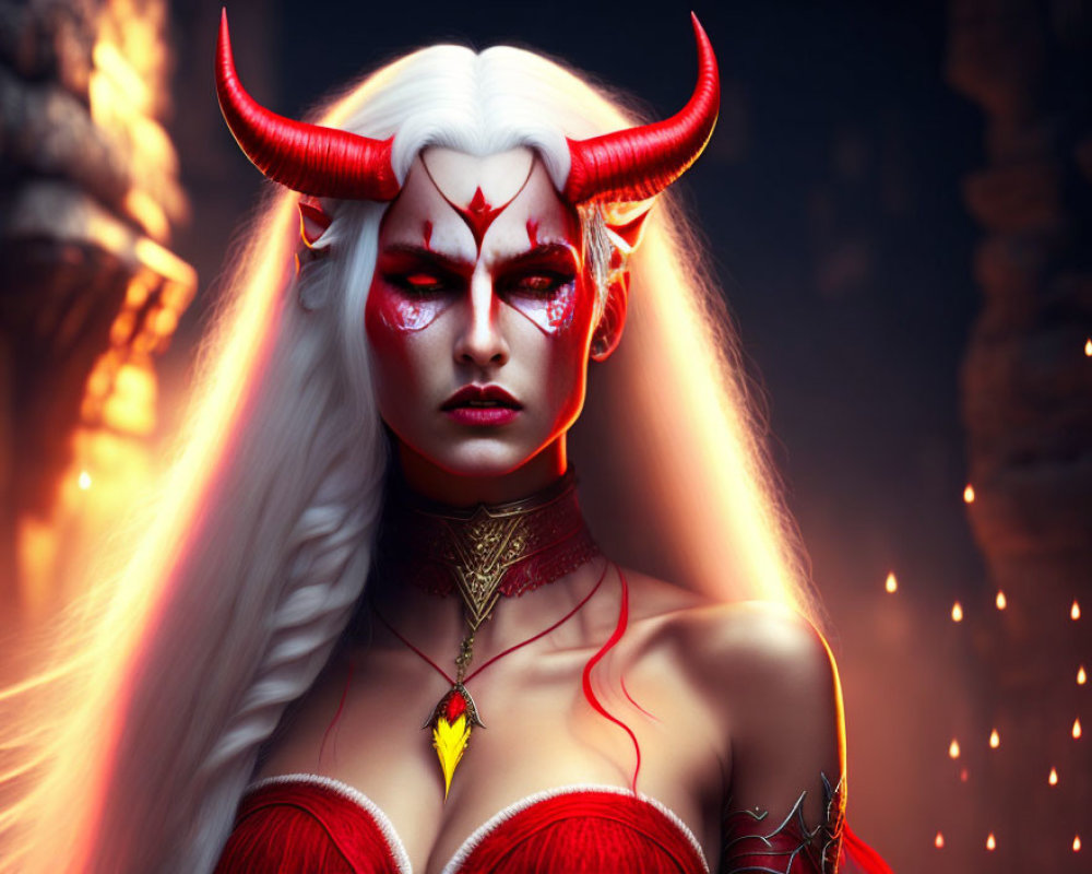 Fantasy illustration of female character with white hair, red horns, and mystical markings
