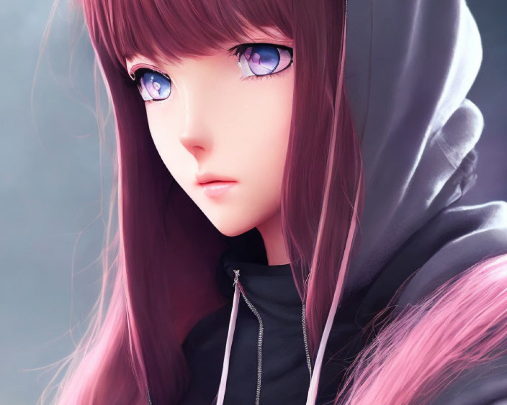Digital artwork: Girl with purple hair and blue eyes in hooded jacket