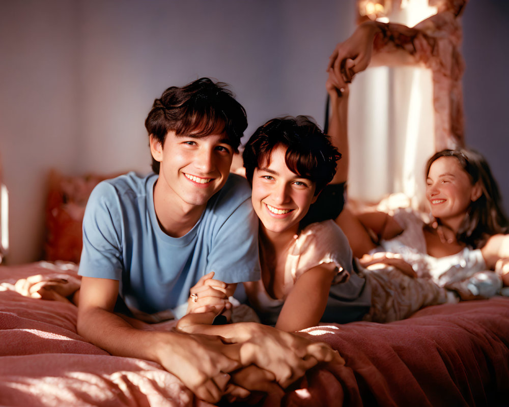Three Individuals Smiling on Bed Portrait