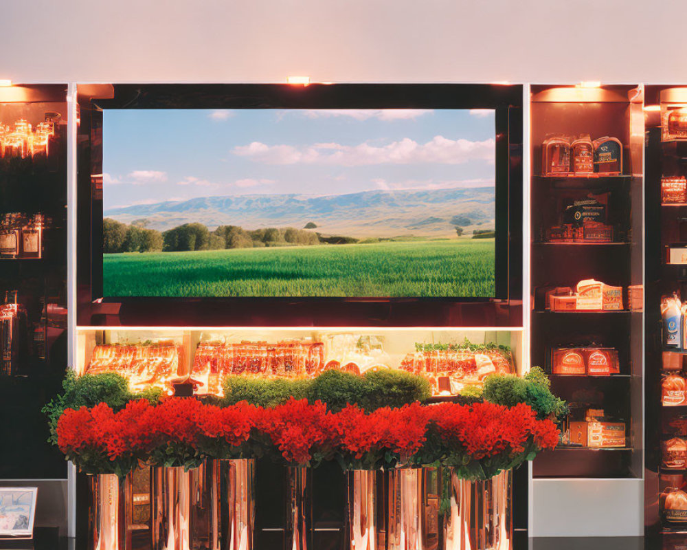 Large central screen with lush green field, hills, DVDs, and red flowers.