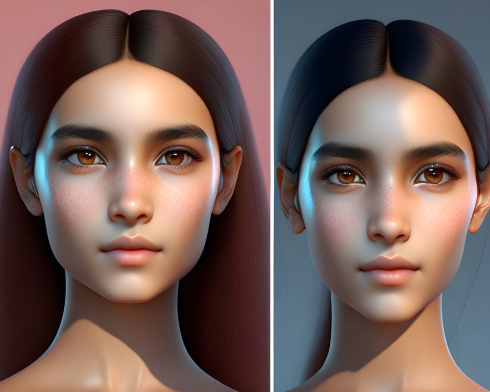 Digital artwork: Girl with neutral and smiling expressions, detailed skin texture and freckles