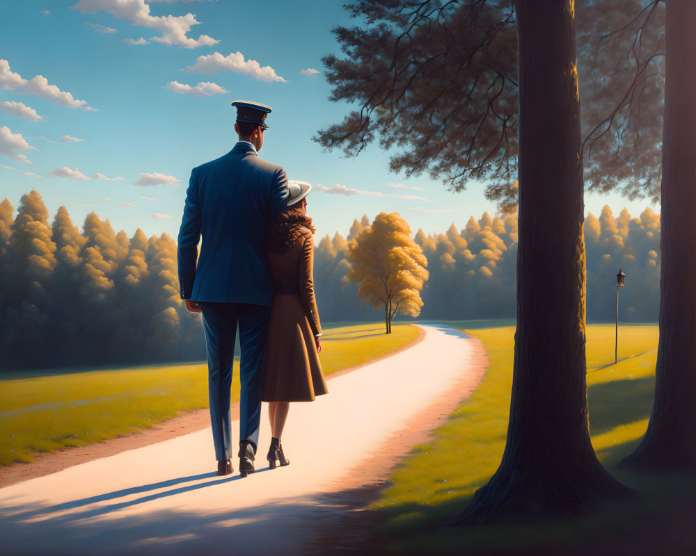 Uniformed man and woman walking arm-in-arm in serene park at sunset