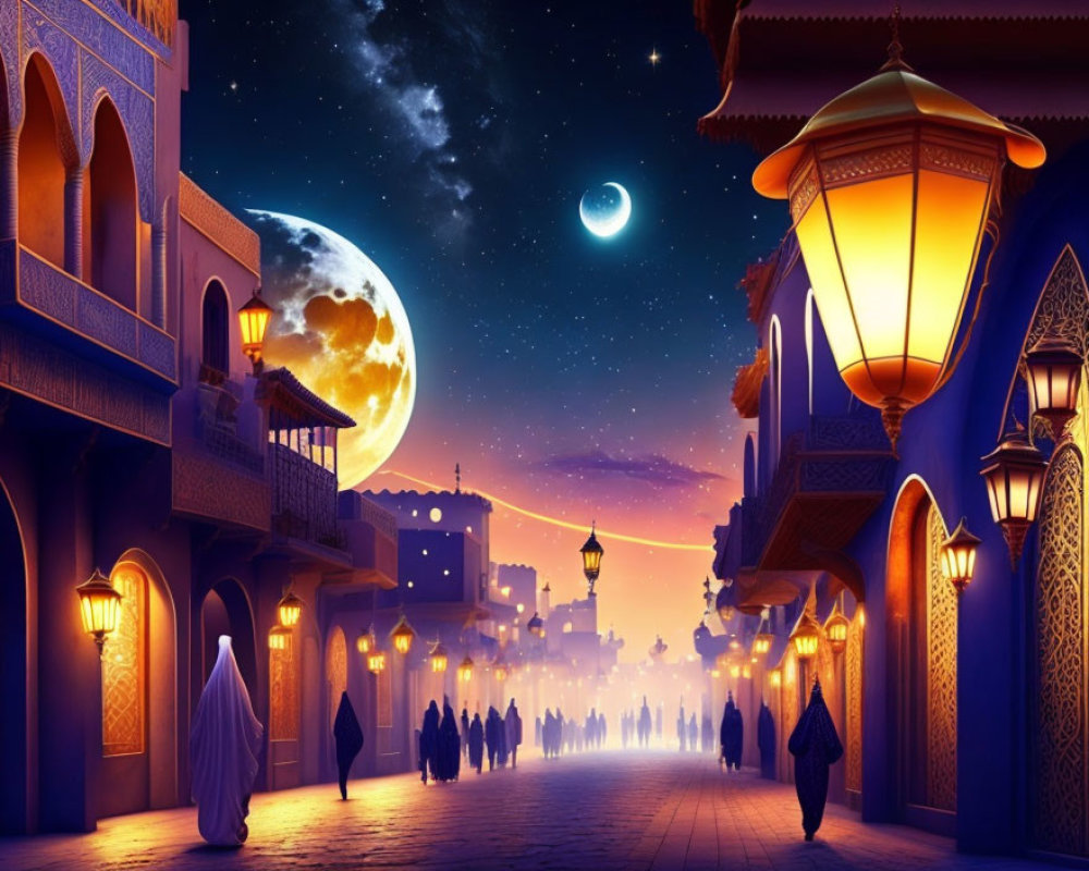 Enchanting Oriental bazaar street at night with glowing lanterns and crescent moon