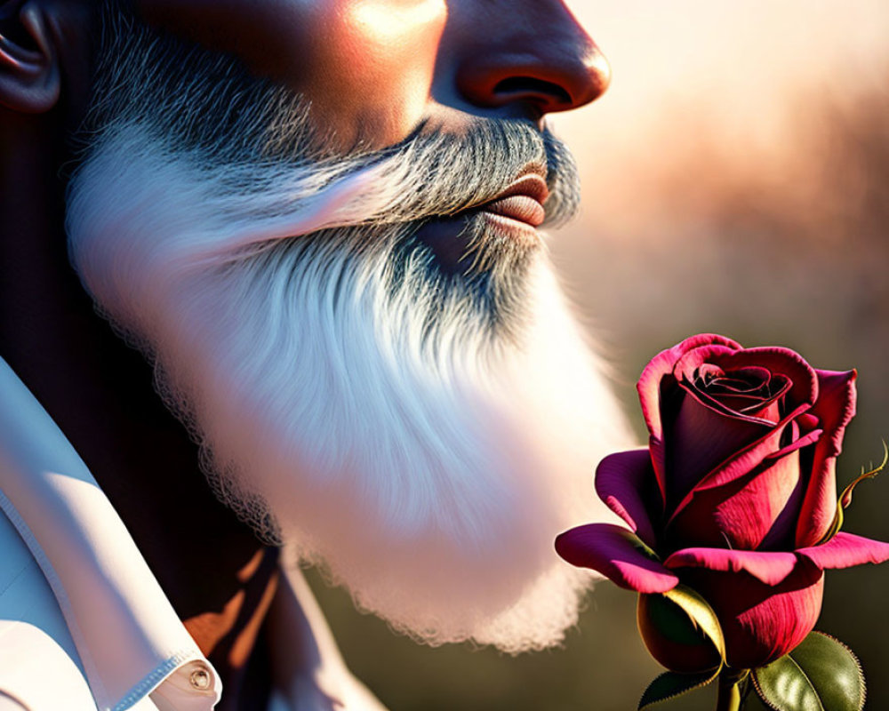 Elderly man with white beard holding red rose at dusk