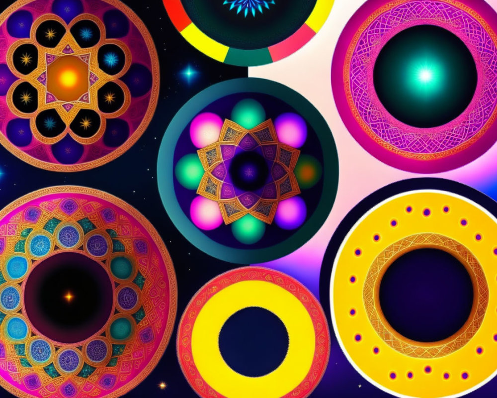 Vibrant digital art: Six ornate mandalas with neon glowing effects on cosmic backdrop