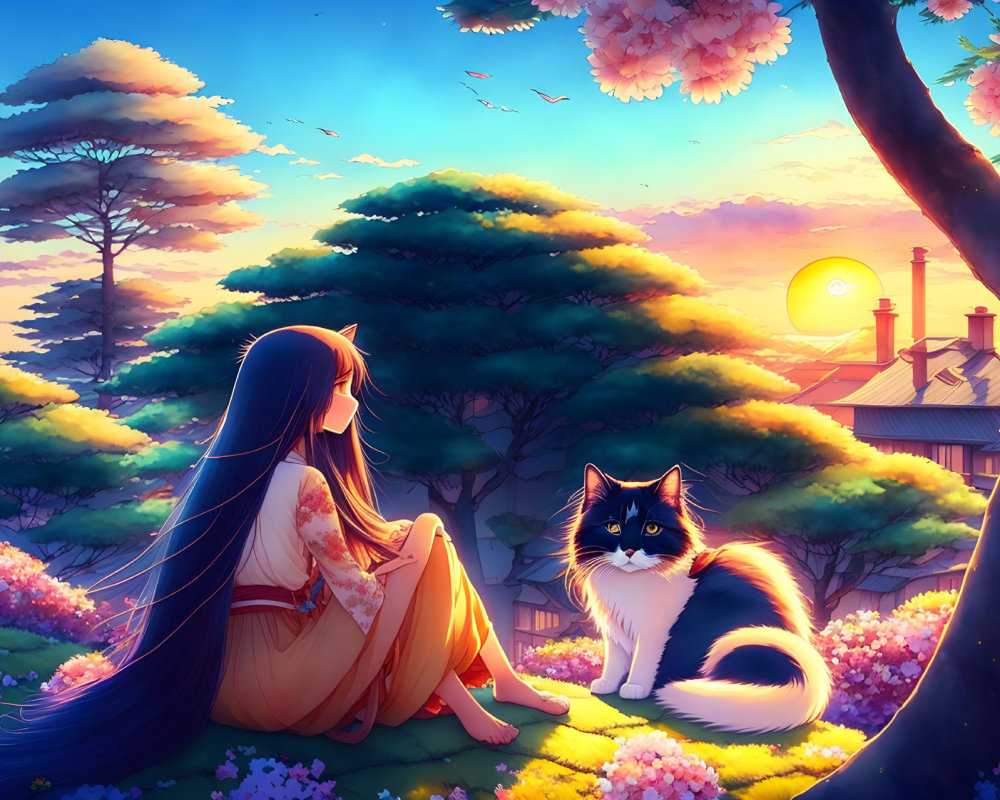 Girl with Long Blue Hair Sitting Under Tree with Cat in Colorful Garden