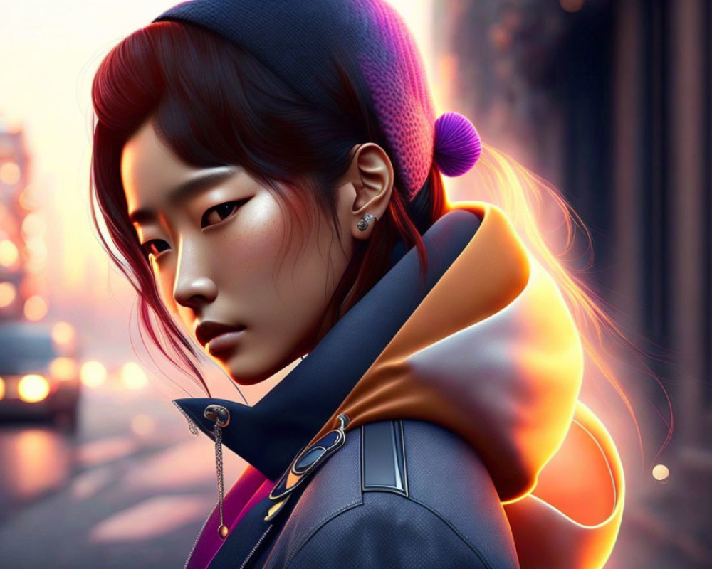 Young woman with sleek hair, beanie, stylish jacket, city street at sunset