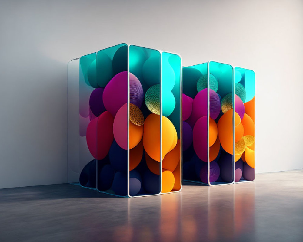 Colorful Abstract Shapes Behind Semi-Transparent Panels in Minimalist Room