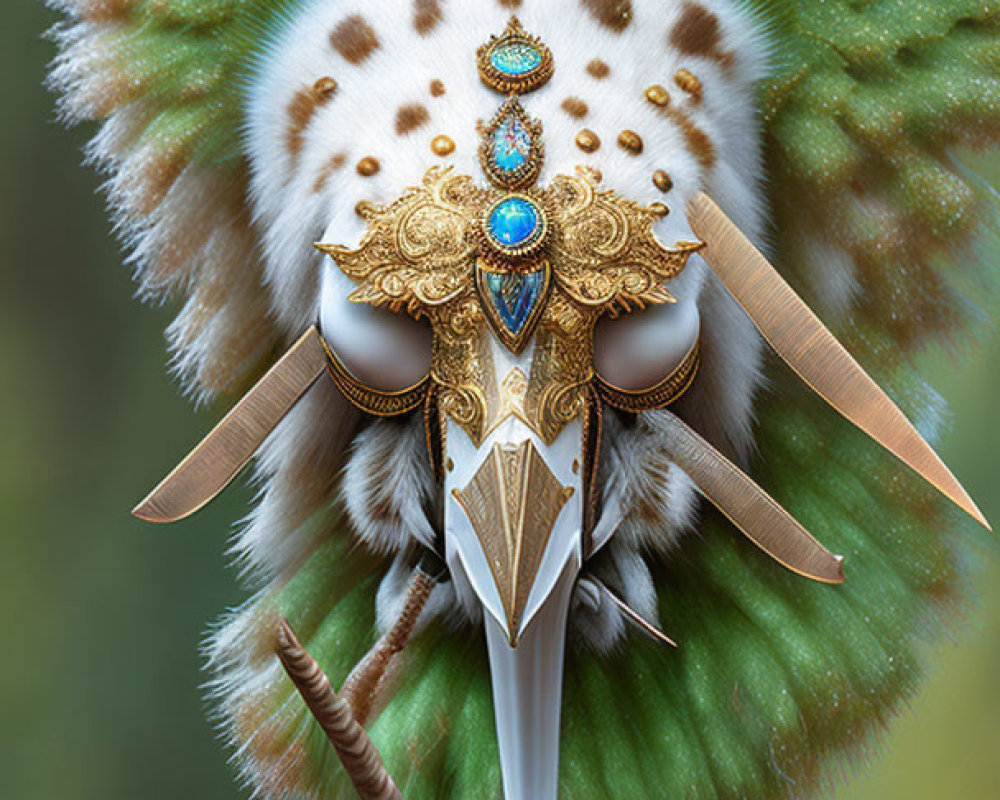 Surreal moth transformed into ornate mask with jeweled features and golden patterns