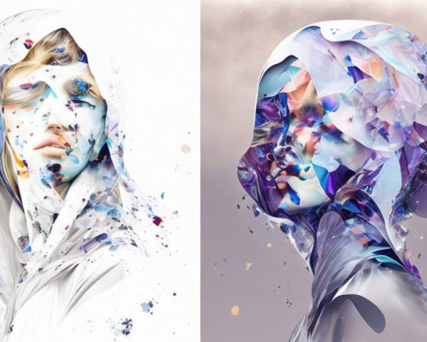 Abstract Diptych: Paint Splatters and Crystal Fragments Obscure Faces