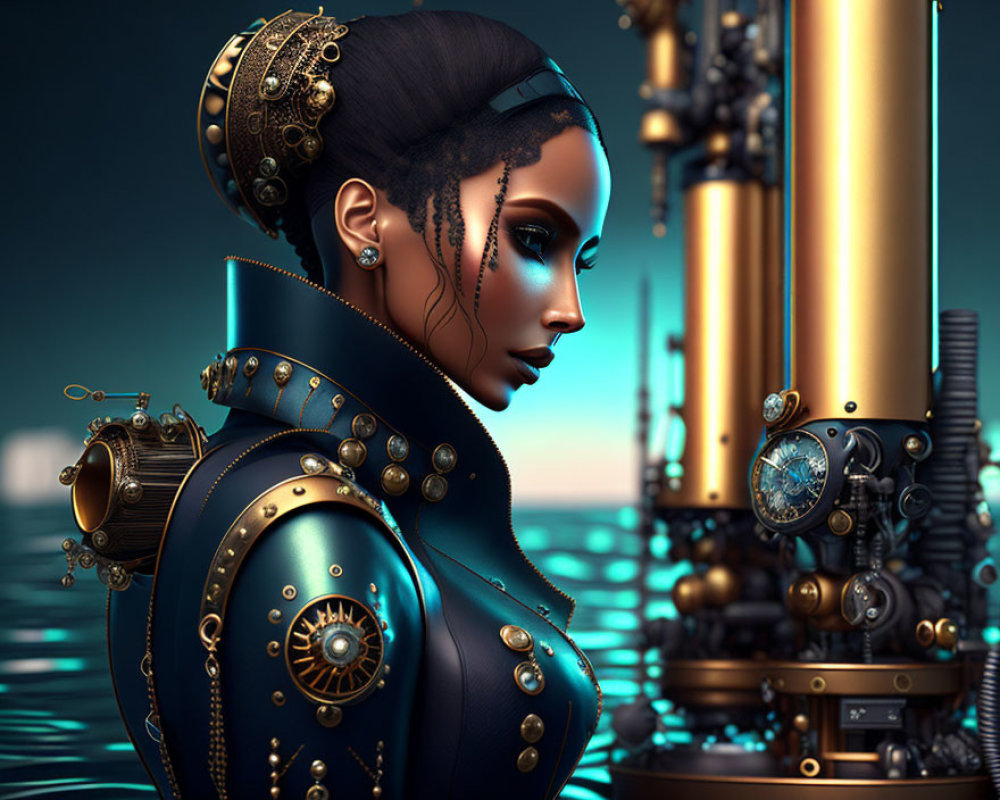 Steampunk-inspired woman digital artwork with cogwheels and mechanical arm