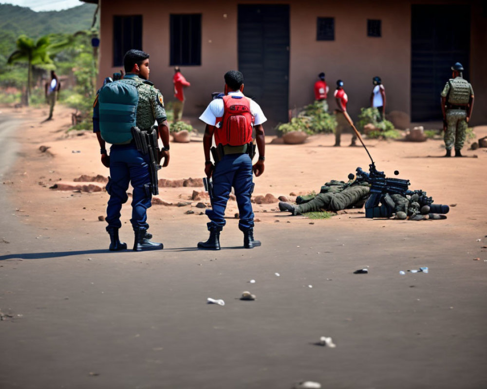 Armed personnel in dusty area with onlookers.