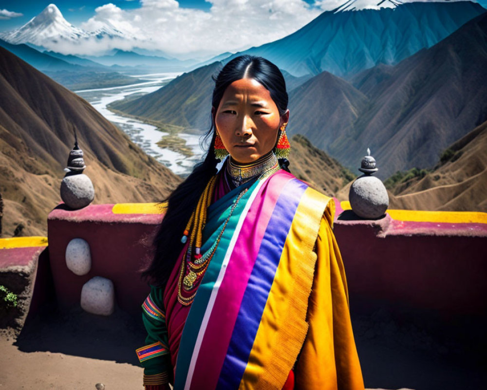 Colorful traditional attire woman against mountainous landscape