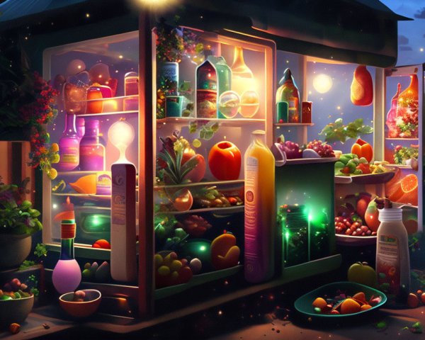 Colorful Twilight Illustration of Outdoor Food Stand with Fresh Produce