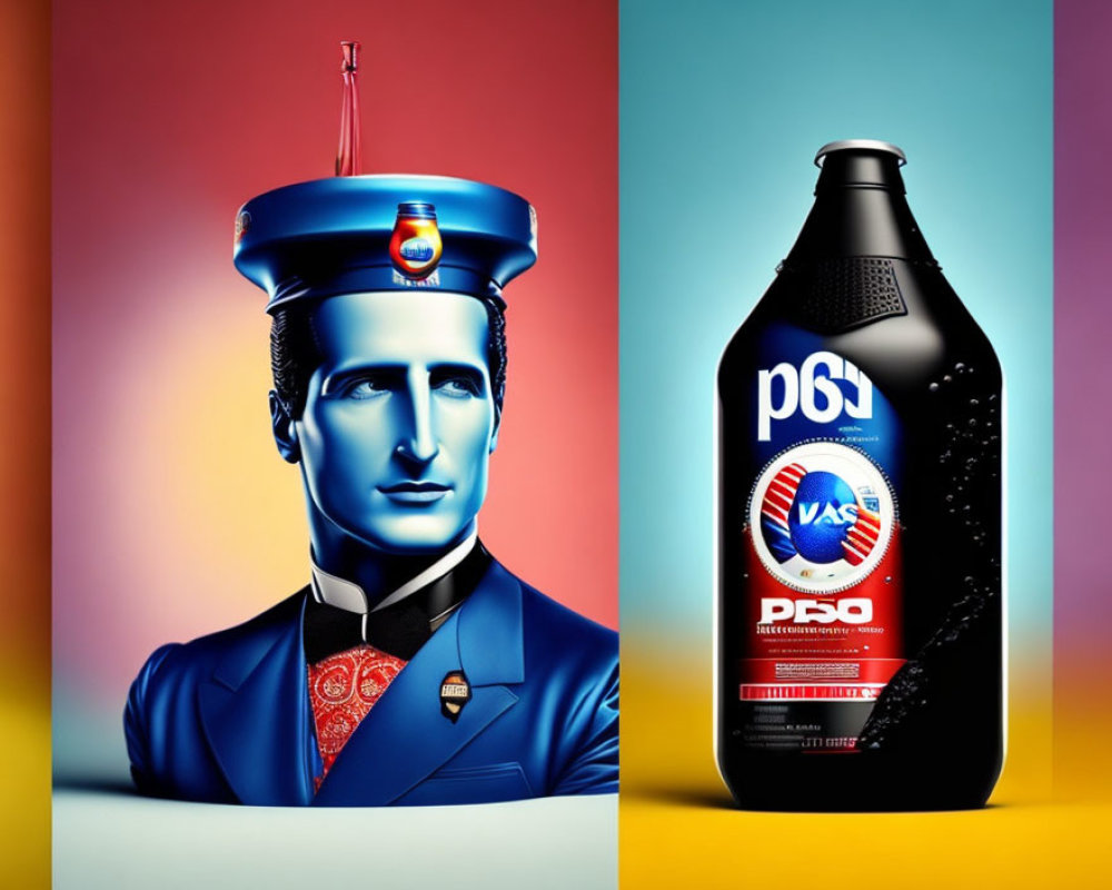 Illustration of man's bust with bottle cap hat and matching beer bottle with attire label