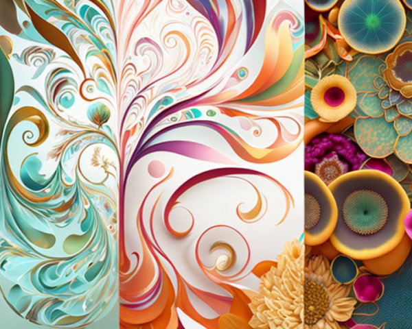 Abstract Swirly Patterns and Vibrant Floral Designs in Three-Panel Artwork