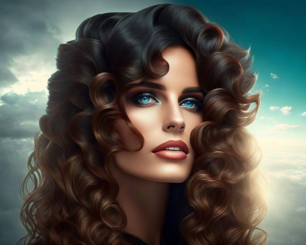Portrait of a woman with curly hair and blue eyes on cloudy background