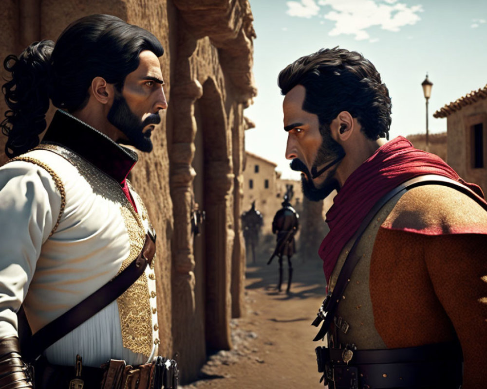 Men in historical costumes having a tense discussion in rustic street setting