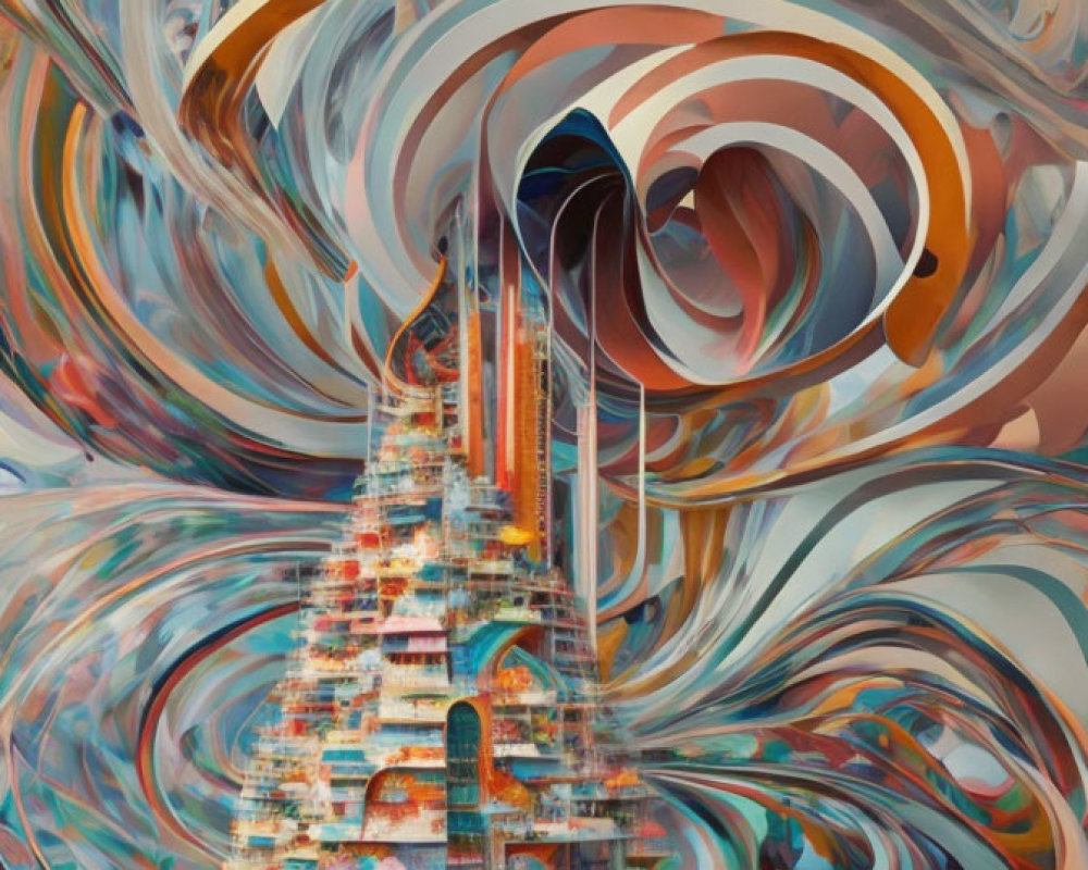 Vibrant digital art: swirling motif with pyramid center and stylized vehicles