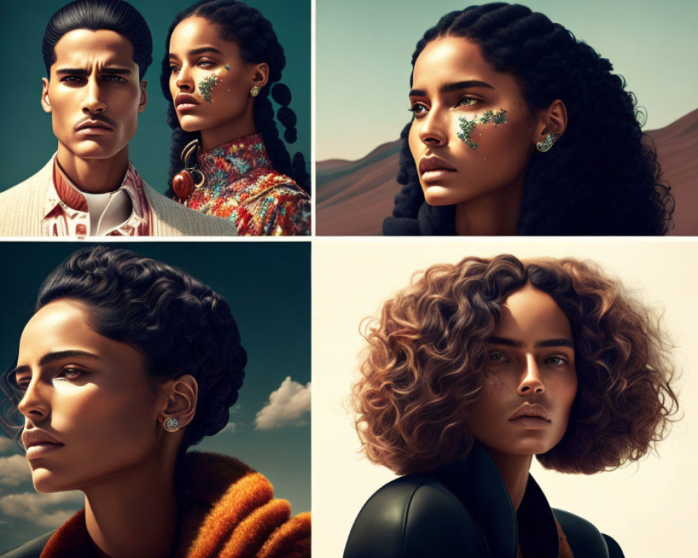 Stylized portraits of individuals with emphasis on hair and makeup against desert backdrop