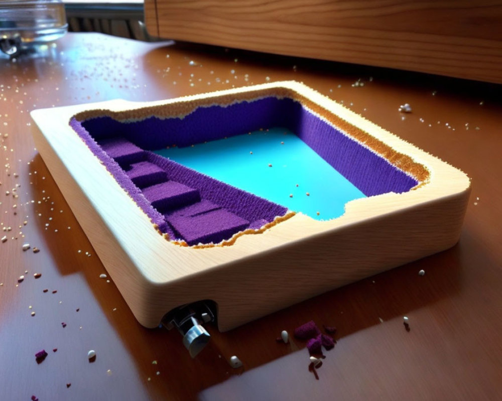 Realistic 3D cake resembling a wooden-framed swimming pool