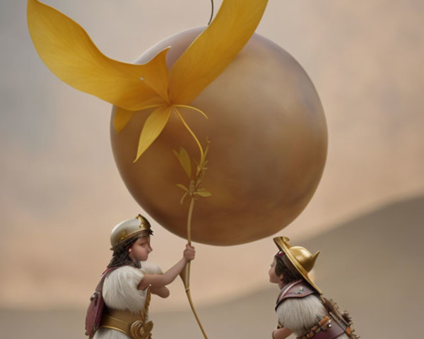 Warrior animated characters holding giant golden flower bulb in sandy setting