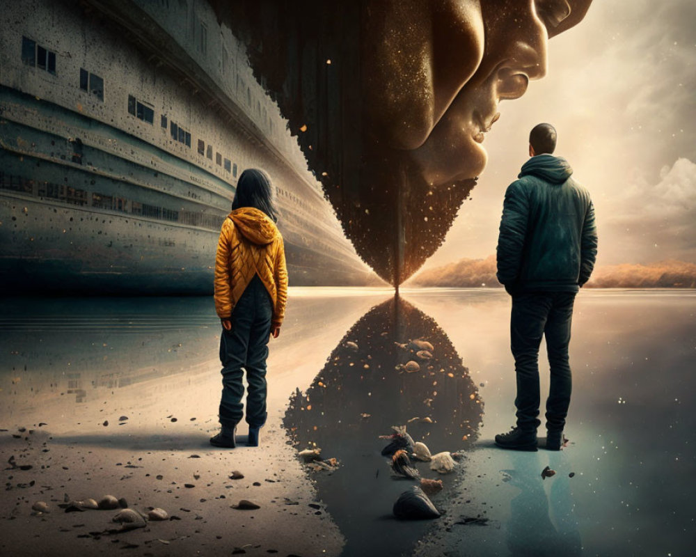 Surreal scene of giant faces and ship reflected in water