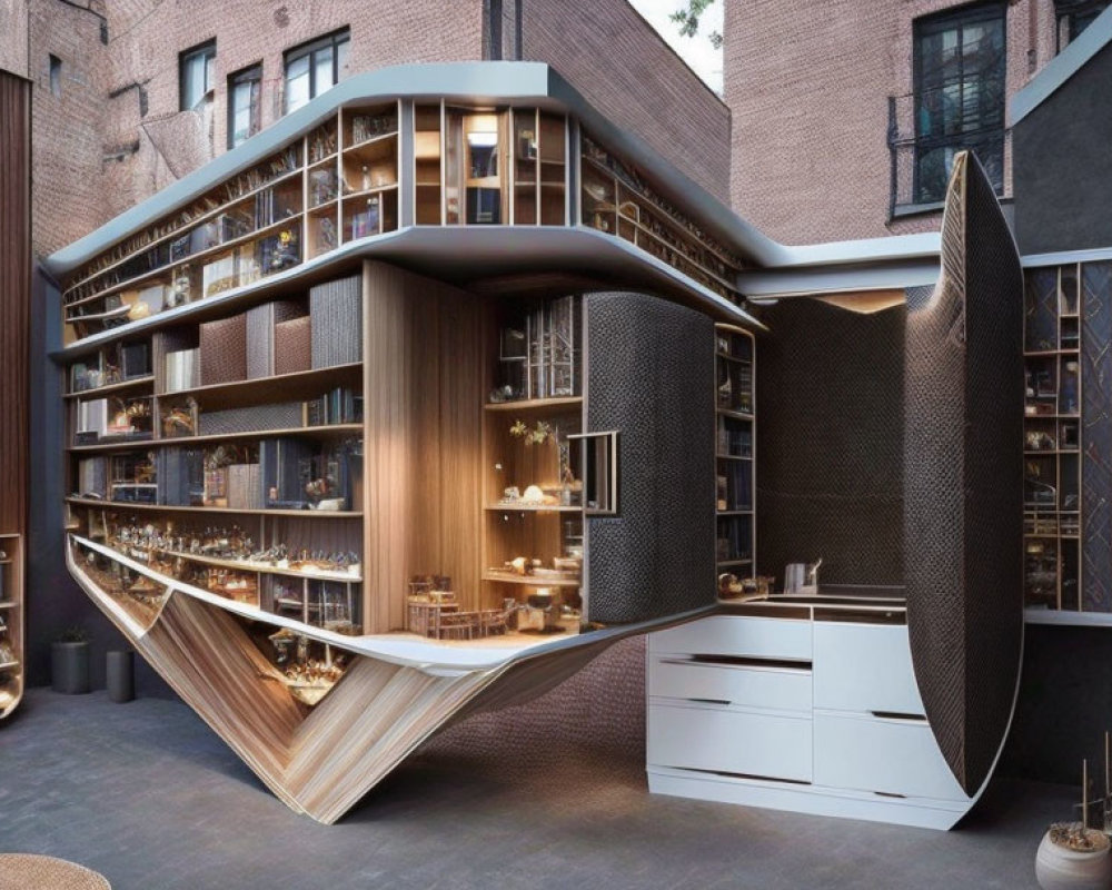 Sleek modern kitchen with wooden and black finishes, integrated shelving, and curved design against brick