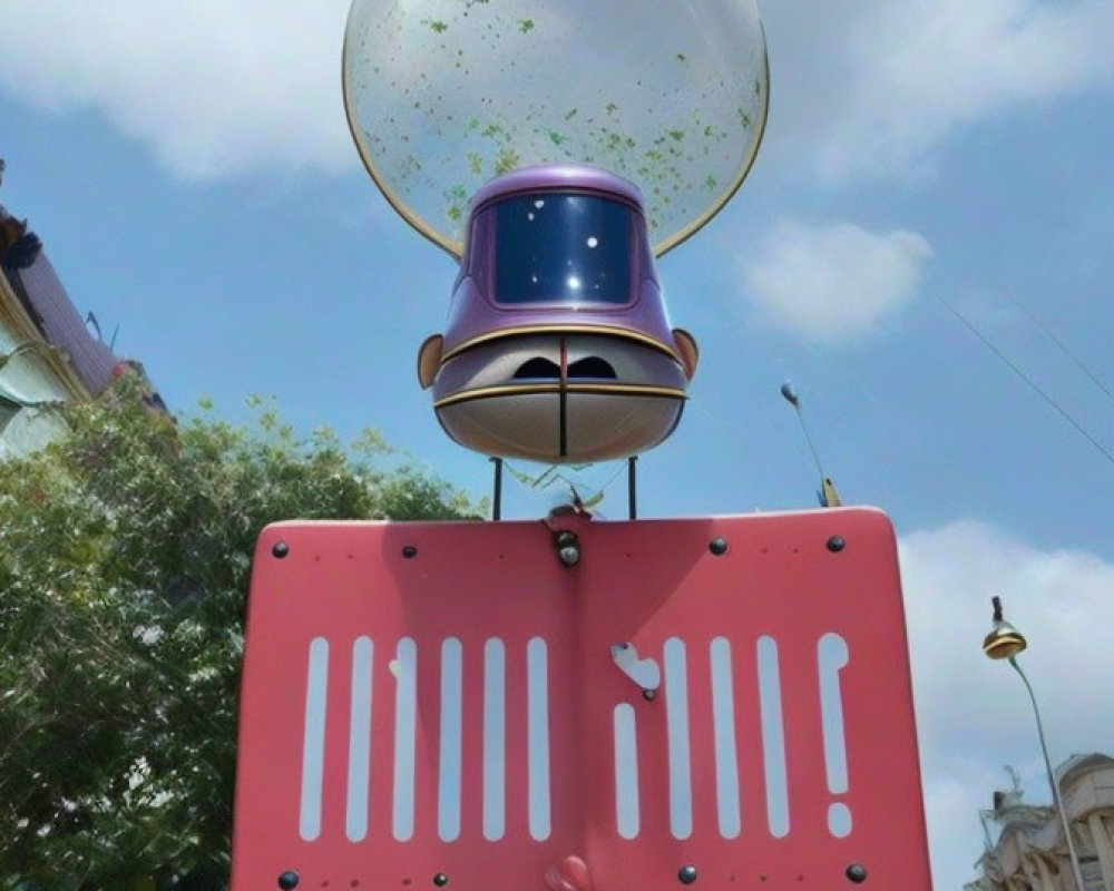 Vibrant street lamp like bubble gum machine under blue sky with coral sign and musical notes.