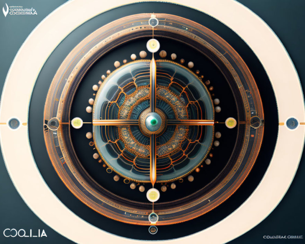 Abstract digital artwork: concentric circles, intricate patterns, orange and teal colors, central orb, cross