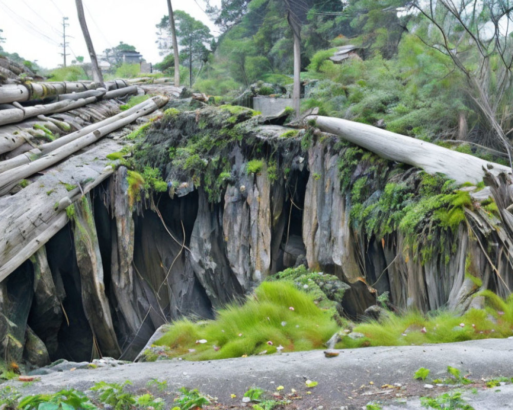 Collapsed Bamboo Structure Over Rocky Gorge with Greenery & Road