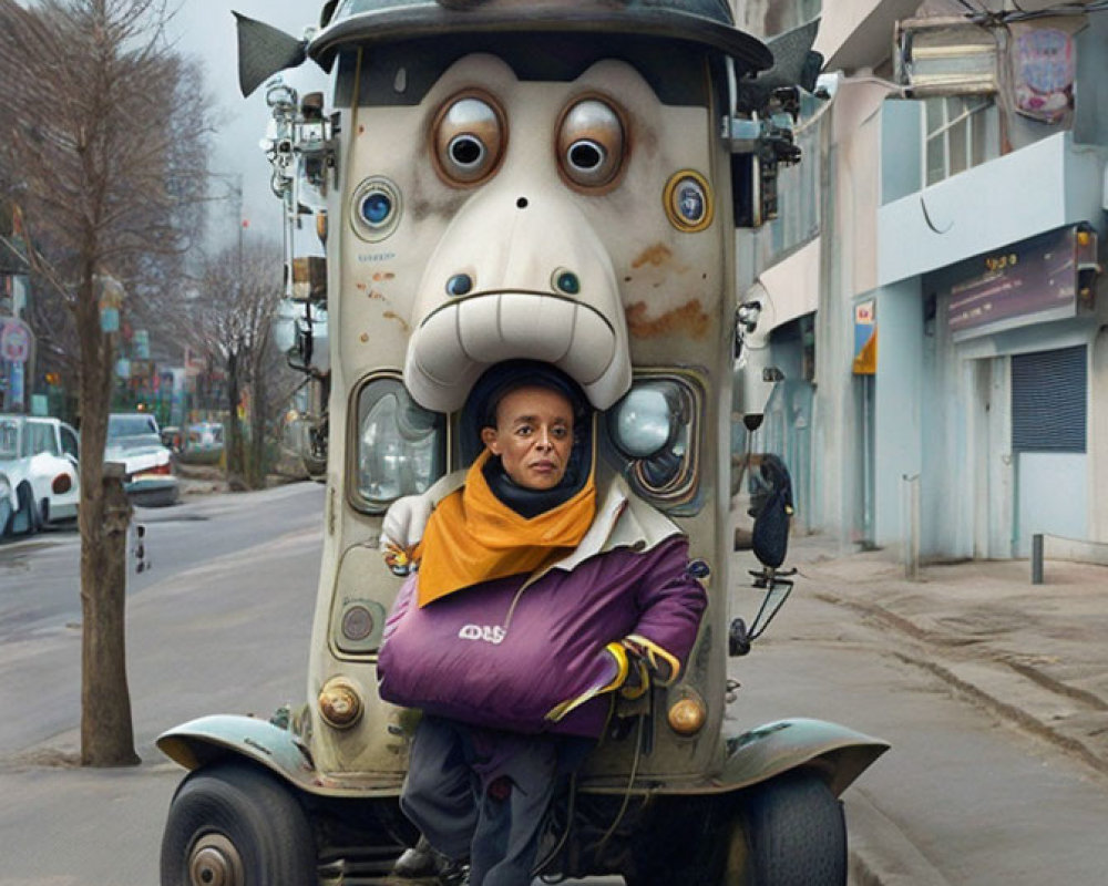 Person in Cartoonish Three-Wheeled Vehicle on City Street