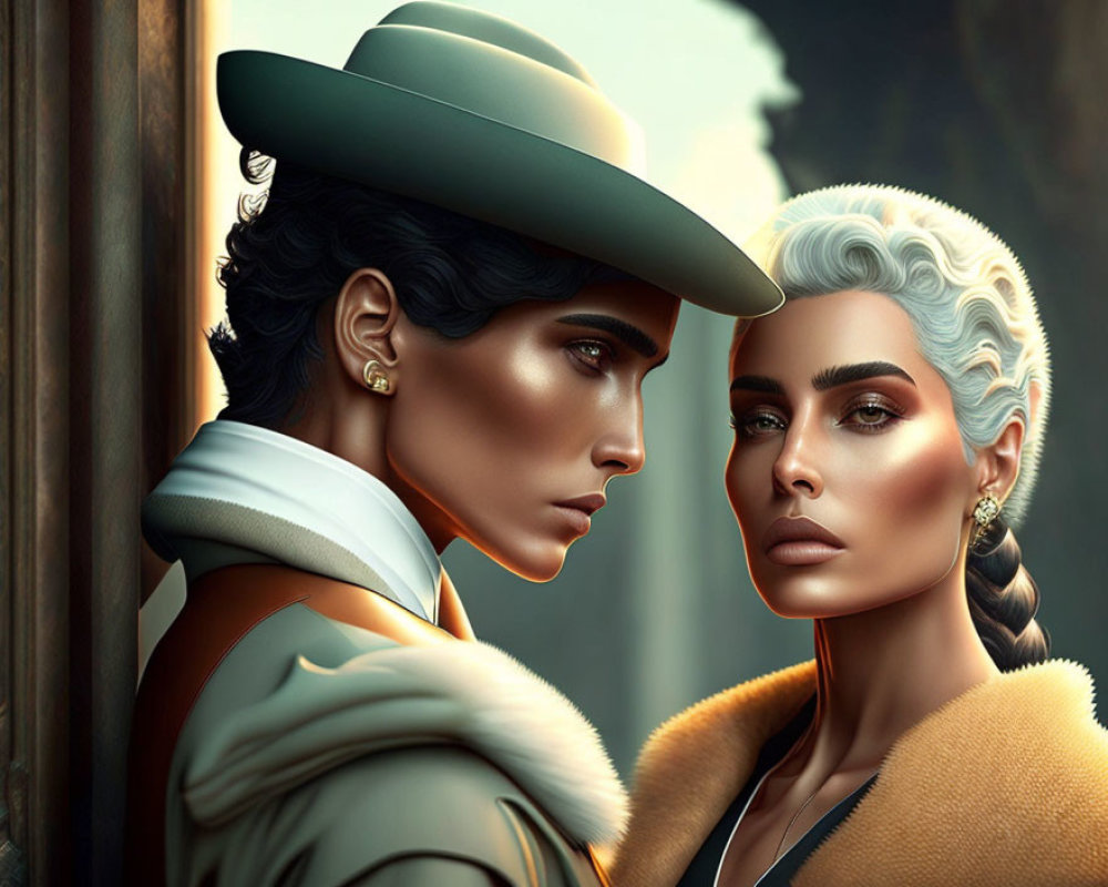 Stylized digital portraits of women with dramatic makeup and fashionable outfits in sepia-toned setting