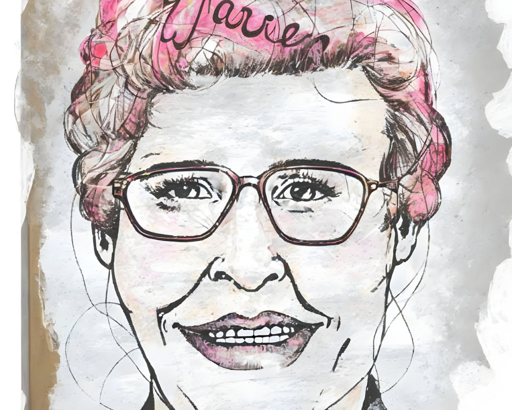 Smiling woman with glasses and pink hair highlights illustration.