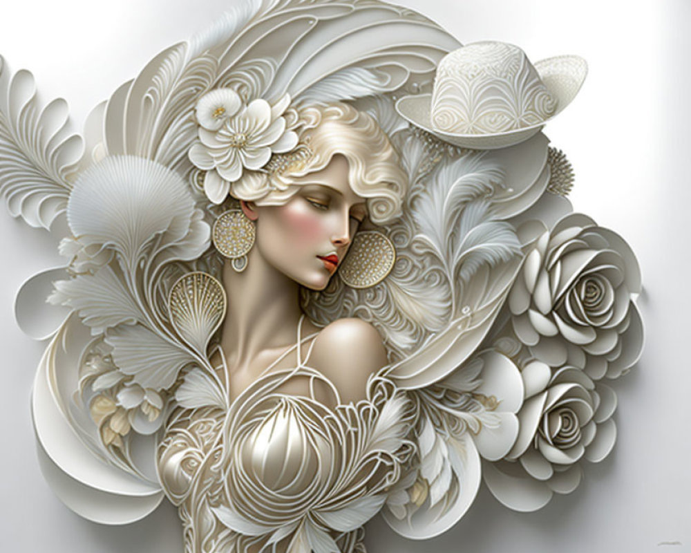 Stylized white floral elements on a woman with flowing lines