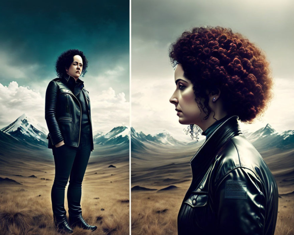 Split-image: Person in leather jacket and jeans with curly hair against mountainous backdrop