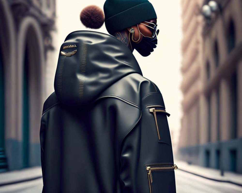 Person in Black Leather Jacket and Fur-Trimmed Hat on City Street