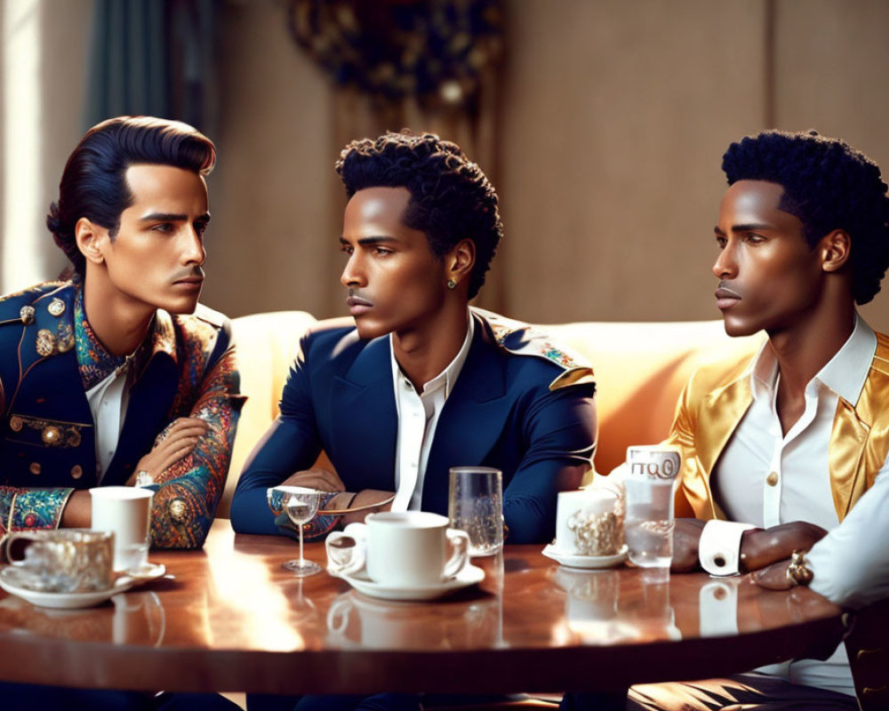 Three Men in Stylish Suits Chatting at Cafe Table